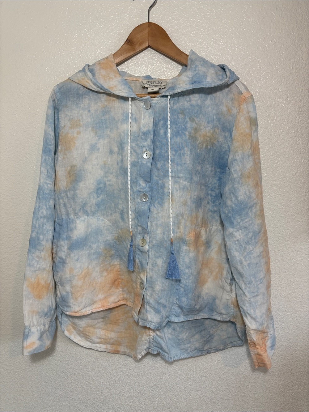 Rachel Zoe 100% Linen Button Down Hooded Tie Dye Shirt Swim Suit Cover Up Size S